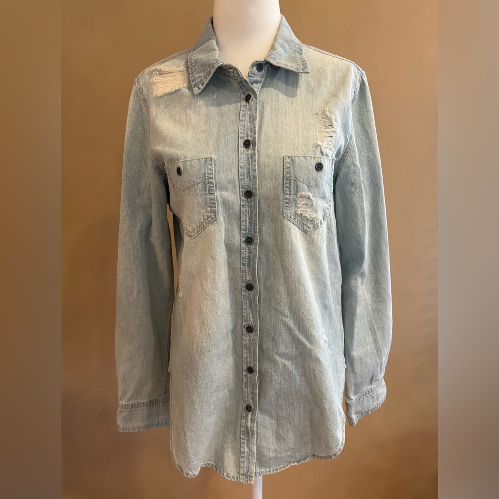 Bullhead Light Blue Distressed Denim lightweight cotton long sleeve shirt small - Picture 2 of 10